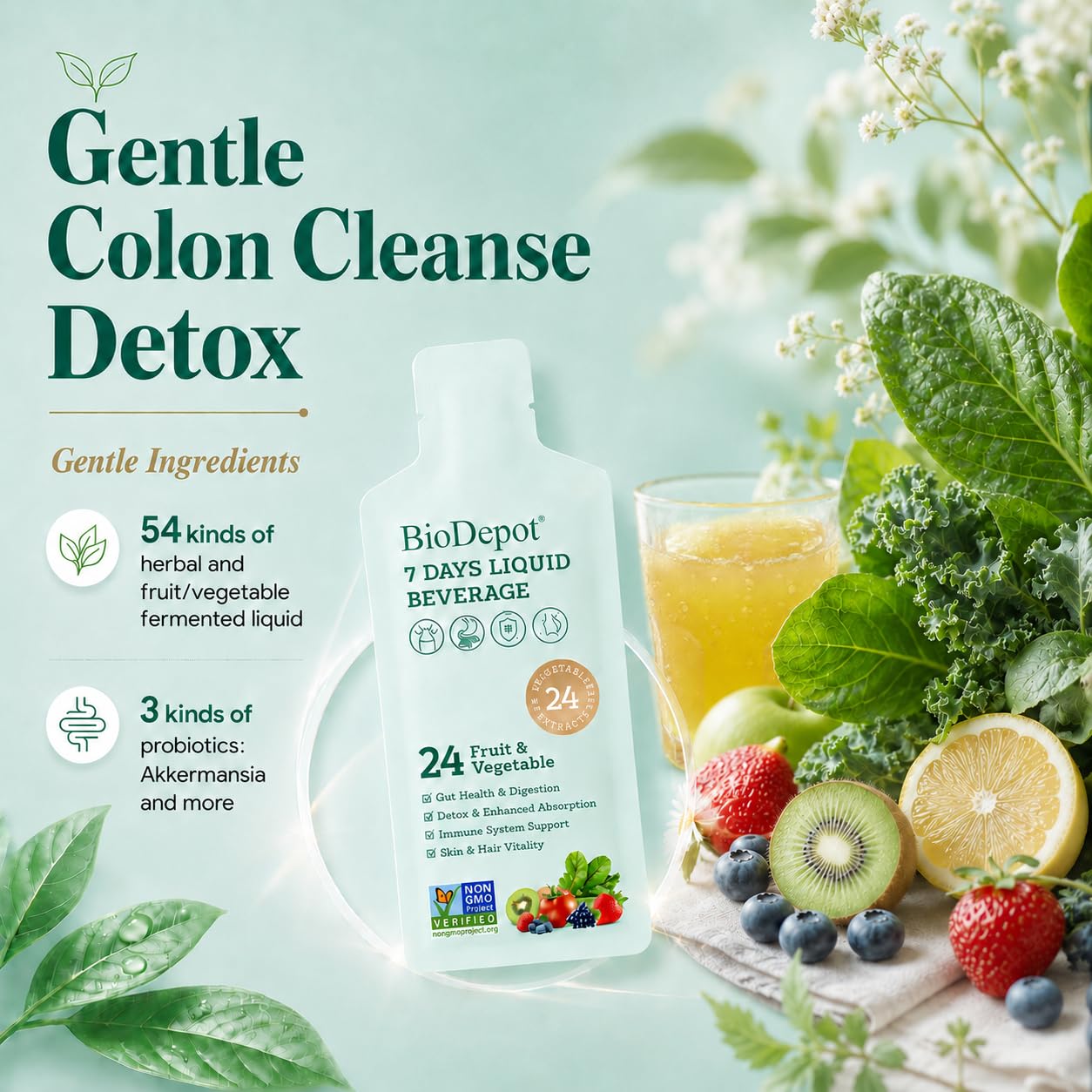 Biodepot 7 Days Colon Cleanse Liquid Beverage Gut Health Detox & Clean for Women & Men, 24 Fruit Vegetable Complex Probiotic Drink for Bowel Movements,