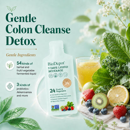Biodepot 7 Days Colon Cleanse Liquid Beverage Gut Health Detox & Clean for Women & Men, 24 Fruit Vegetable Complex Probiotic Drink for Bowel Movements,