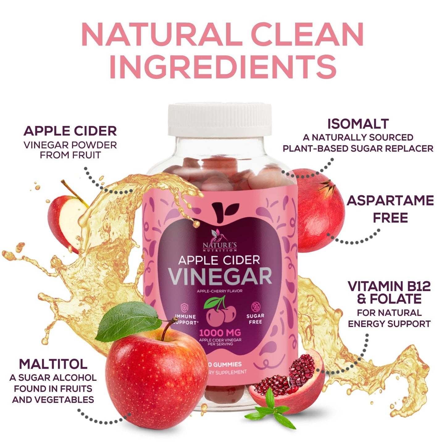 Apple Cider Vinegar Gummies 1000mg Per Serving - Sugar Free ACV Gummy Vitamins Supplement - Vitamin B12 & B6 for Energy - Digestion, Detox & Cleanse Support, Vegan