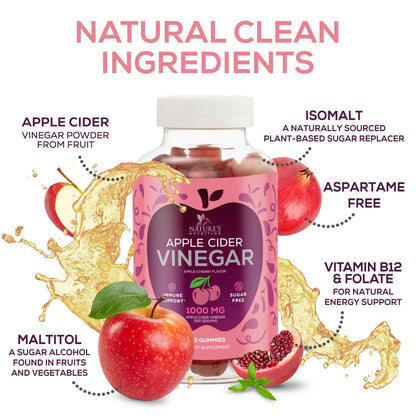 Apple Cider Vinegar Gummies 1000mg Per Serving - Sugar Free ACV Gummy Vitamins Supplement - Vitamin B12 & B6 for Energy - Digestion, Detox & Cleanse Support, Vegan