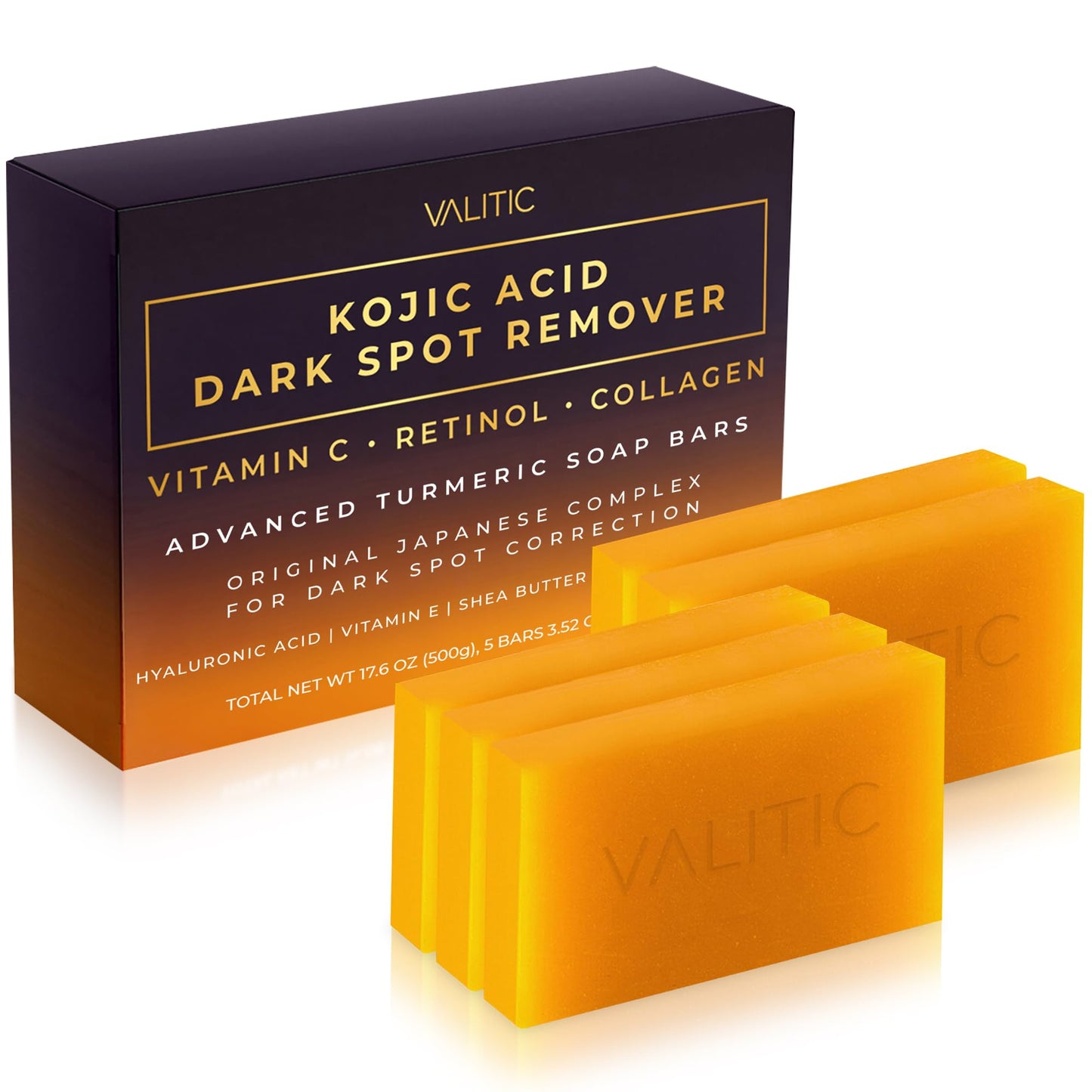 VALITIC Kojic Acid Dark Spot Remover Soap Bars with Vitamin C, Retinol, Collagen, Turmeric - Original Japanese Complex Infused with Hyaluronic Acid,
