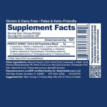 BodyHealth PerfectAmino Powder - BCAA and EAA Powder for Pre and Post Workout - Amino Acid Energy Drink for Men and Women to Support Lean