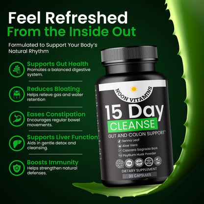 15-Day Colon Cleanse & Gut Detox – Natural Probiotic Cleanser with Senna Leaf, Psyllium & Aloe – Halal for Men & Women – Supports Digestive Health