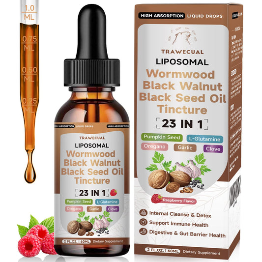 Trawecual Black Walnut Wormwood Black Seed Oil Cleanse Tincture, 23-in-1 Gentle Gut Detox & Digestive Health Support with Clove, Pumpkin Seed