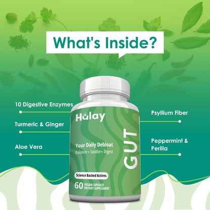 3-in-1 Gut Health Supplement - Debloat Pills - Gas and Bloating - Lactase, Protease, Amylase and Lipase Digestive Enzymes - Peppermint, Turmeric and Psyllium Husk Capsules