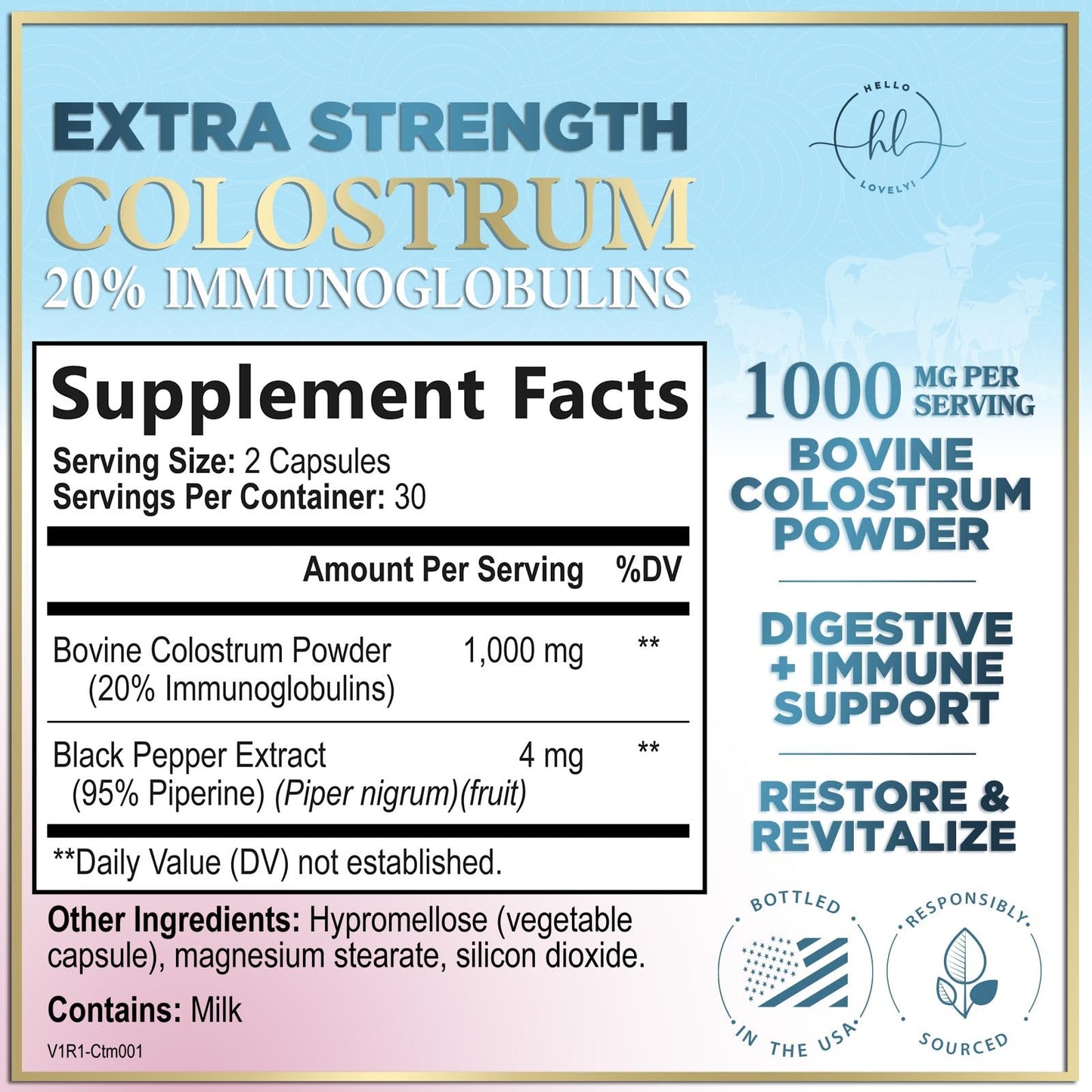 Bovine Colostrum Powder 1000mg Per Serving - with Immunoglobulins (IgG) for Immune Support, Energy & Gut Health Supplement, SP Colostrum Powder Pills,