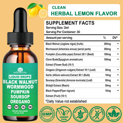 Liposomal Wormwood Black Walnut Clove Cleanse for Humans Drops, Organic 9-in-1 Herbal Extract Hull Supplement Plus Oregano, Soursop & Pumpkin Seed