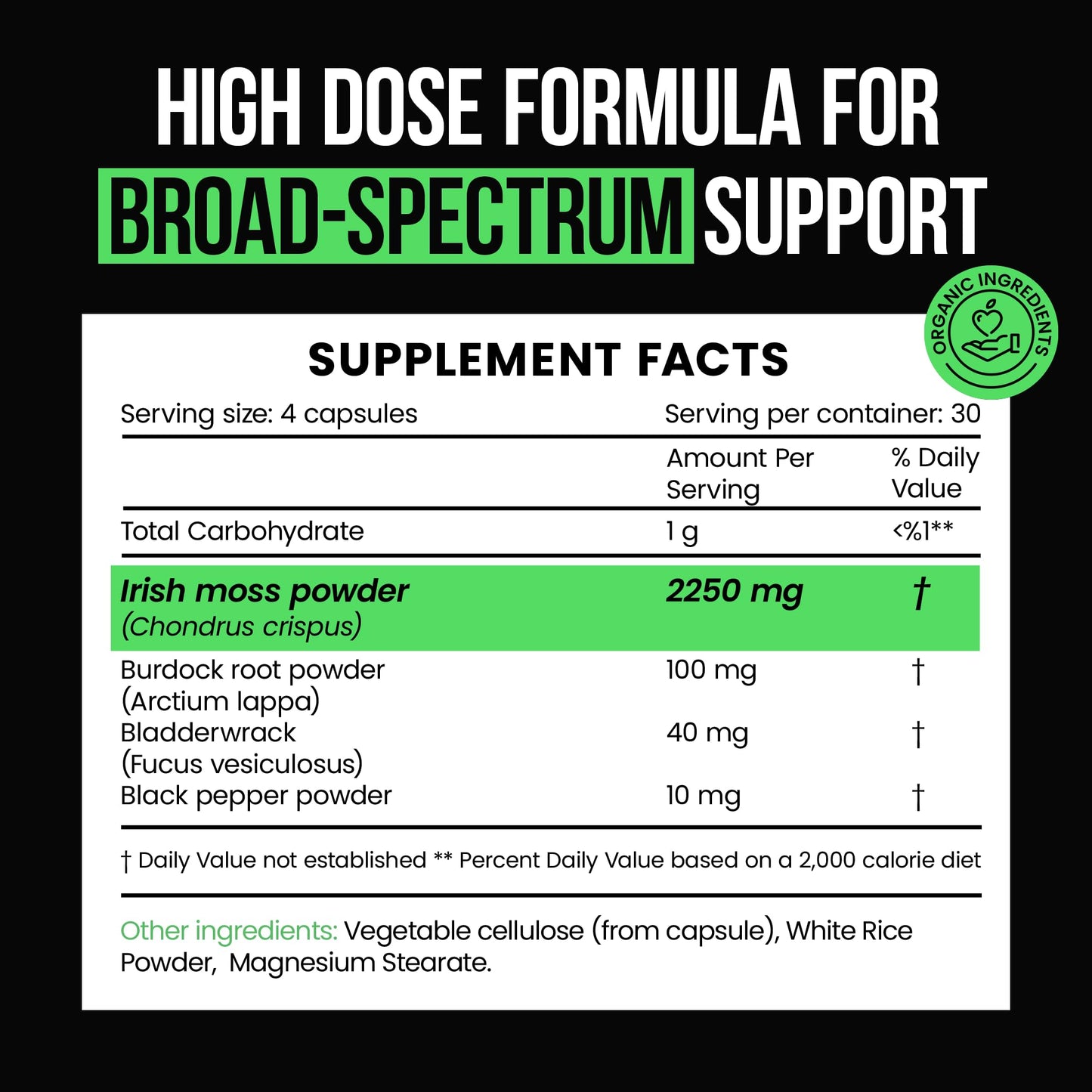 VitaRaw Organic Irish Sea Moss Capsules 2400 mg - Burdock Root and Bladderwrack Powder Real Seamoss Pills for Immune Support, Joint and Gut Health Help