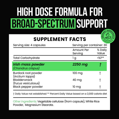 VitaRaw Organic Irish Sea Moss Capsules 2400 mg - Burdock Root and Bladderwrack Powder Real Seamoss Pills for Immune Support, Joint and Gut Health Help