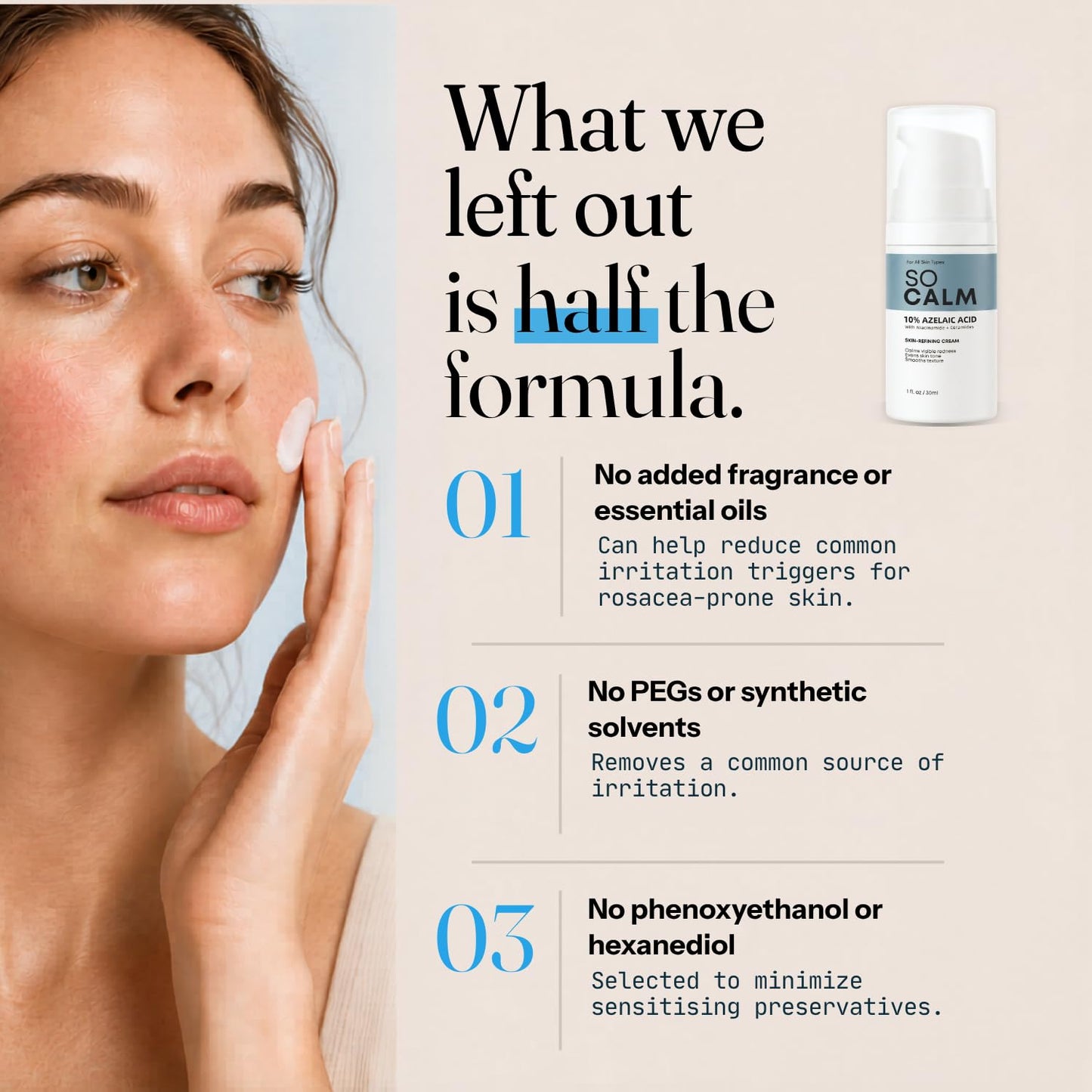SoCalm Azelaic Acid 10% for Rosacea-Prone Skin – Calms Face Redness & Evens Tone, with Niacinamide & Ceramide NP, Fragrance-Free, 30ml / 1oz