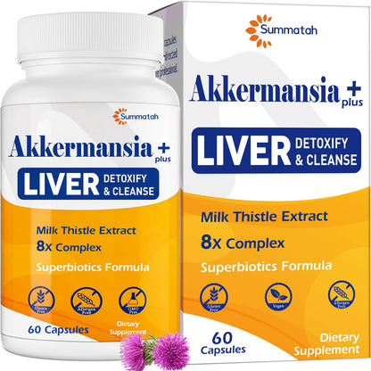 Liver Detoxify Repair & Cleanse, 20 Billion Afu Akkermansia Probiotic with Milk Thistle, Dandelion & Turmeric, 8-in-1 Herbal Formula for Liver Support & Renew,