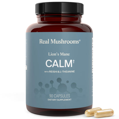 Real Mushrooms Calm Lions Mane Capsules (90 Count) – 400mg Organic Lions Mane Fruiting Body Extracts, 200mg Organic Reishi, 200mg AlphaWave L-Theanine for Calm Clarity & Relaxed Alertness, 90ct