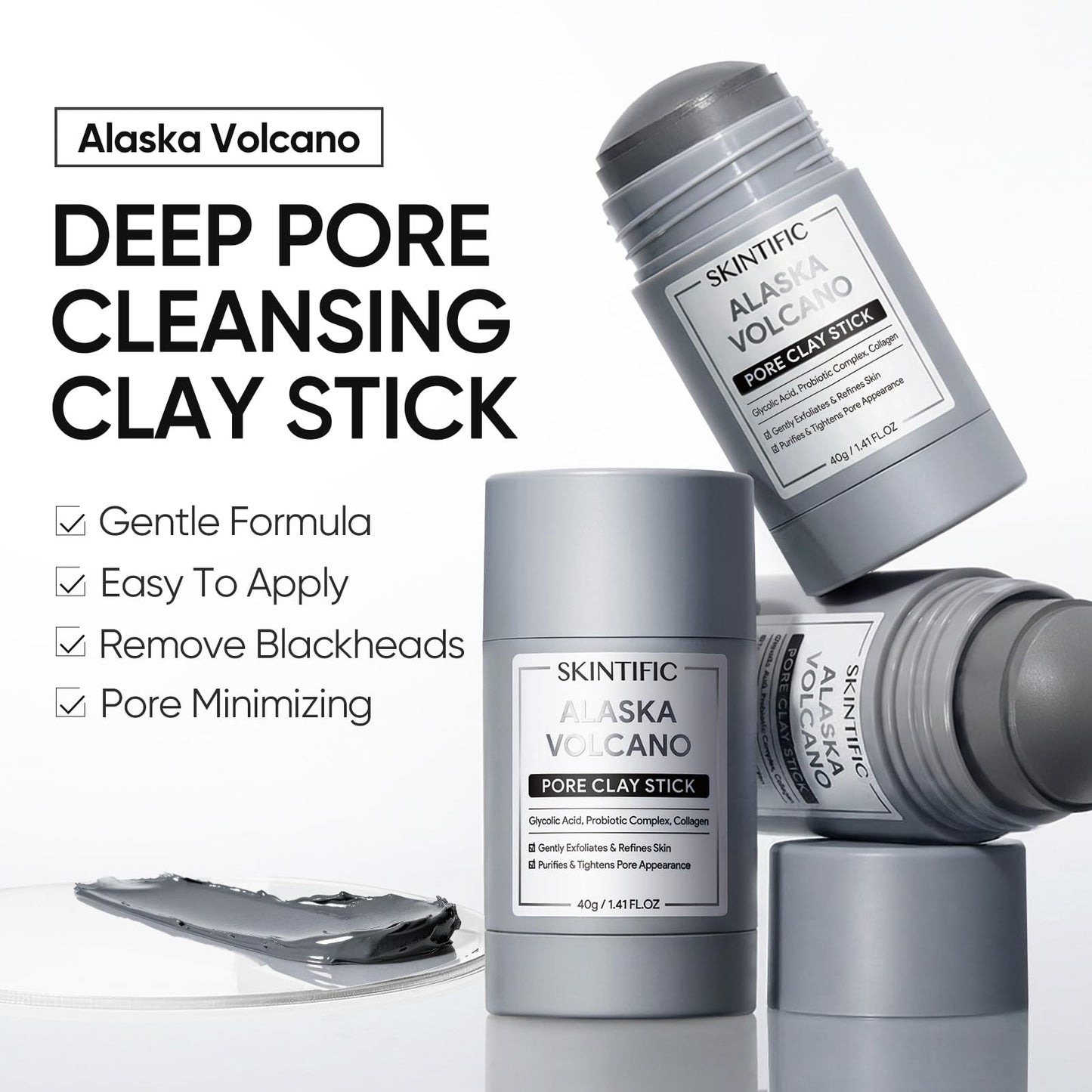 SKINTIFIC Deep Pore Cleansing Blackhead Remover Face Mask Stick, Mud Mask with Natural Alaska Volcano Clay, Gentle Exfoliating, Smoothing Skin