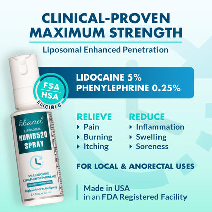 Ebanel 5% Lidocaine Spray Pain Relief Numb520 Burn Itch Relief Numbing Spray for Skin, Topical Anesthetic Postpartum Hemorrhoid Treatment with Phenylephrine for Local and Anorectal Uses