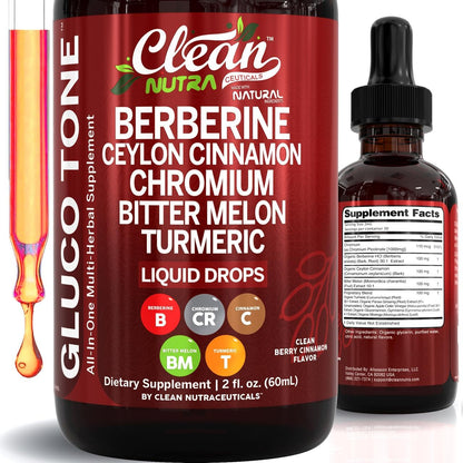Clean Nutra Berberine with Ceylon Cinnamon Supplement Liquid Drops + Bitter Melon Extract, Glucomannan, Gymnema, Chromium