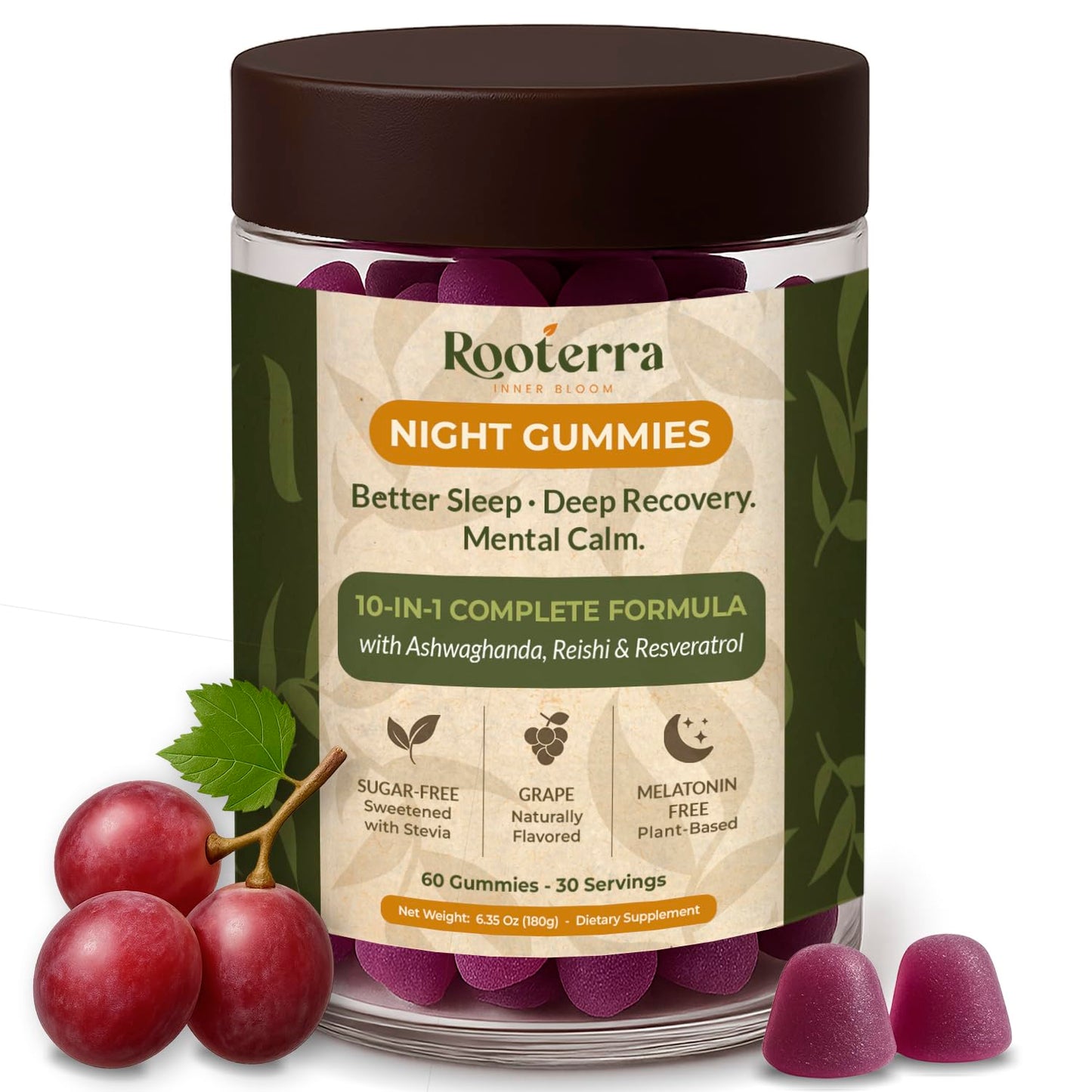 Night Gummies – Melatonin-Free, Reishi, Ashwagandha, Valerian, Magnesium, Resveratrol & Relaxing Botanicals – Supports Evening Calm