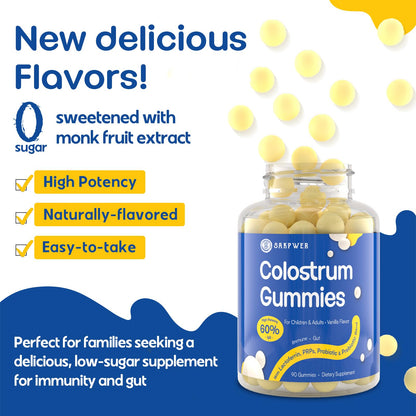 Sakpwer Bovine Colostrum Supplement Gummies - with 60% Highest IgG, Lactoferrin, Probiotics and Prebiotics for Adults and Kids
