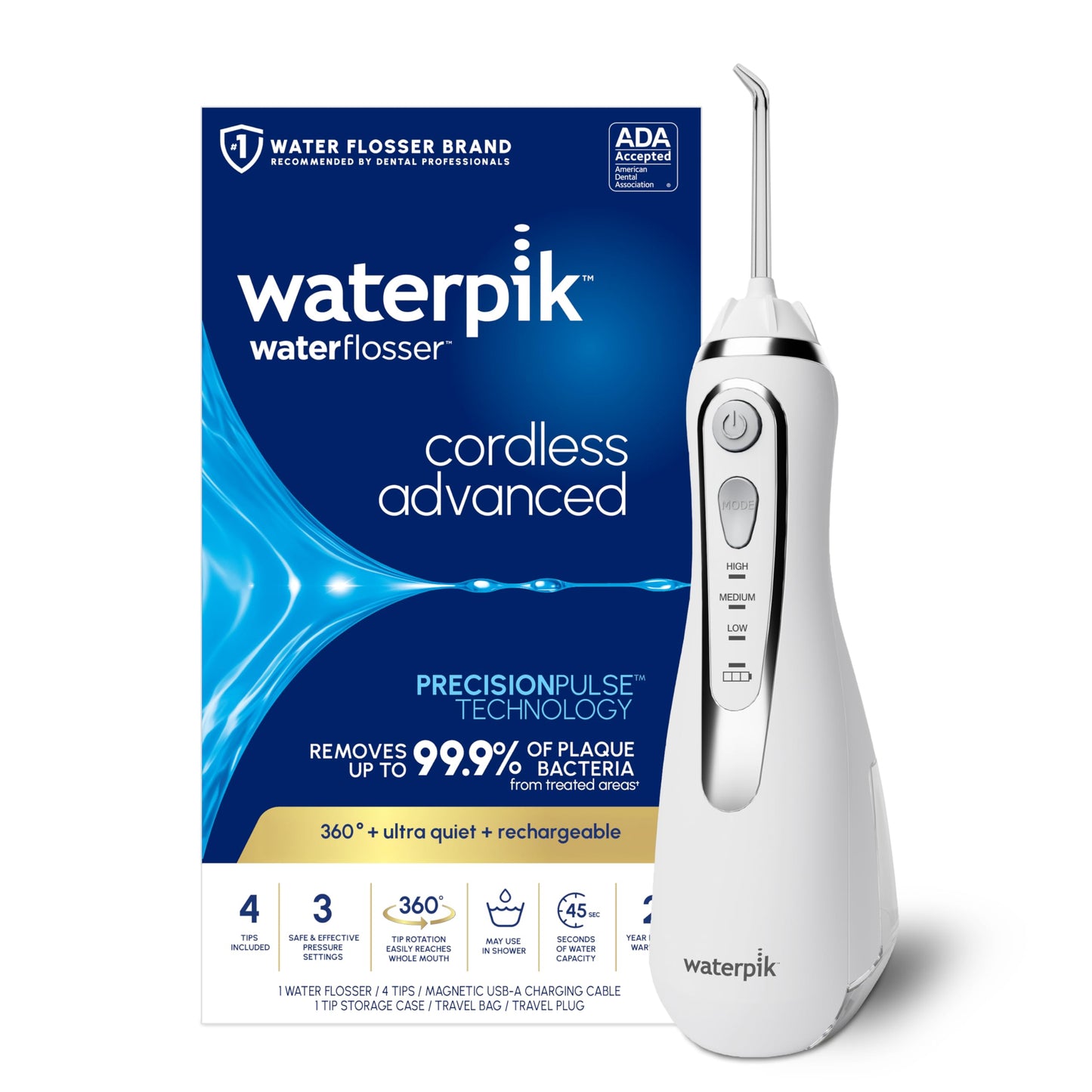 Waterpik Cordless Advanced 2.0 Water Flosser For Teeth, Gums, Braces, Dental Care With Travel Bag and 4 Tips, ADA Accepted, Rechargeable, Portable, and Waterproof,