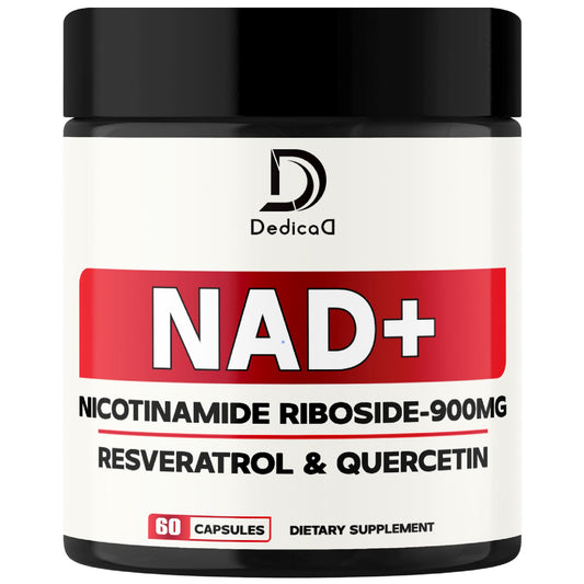 Supplement container labeled 'NAD+' with ingredients on a white background