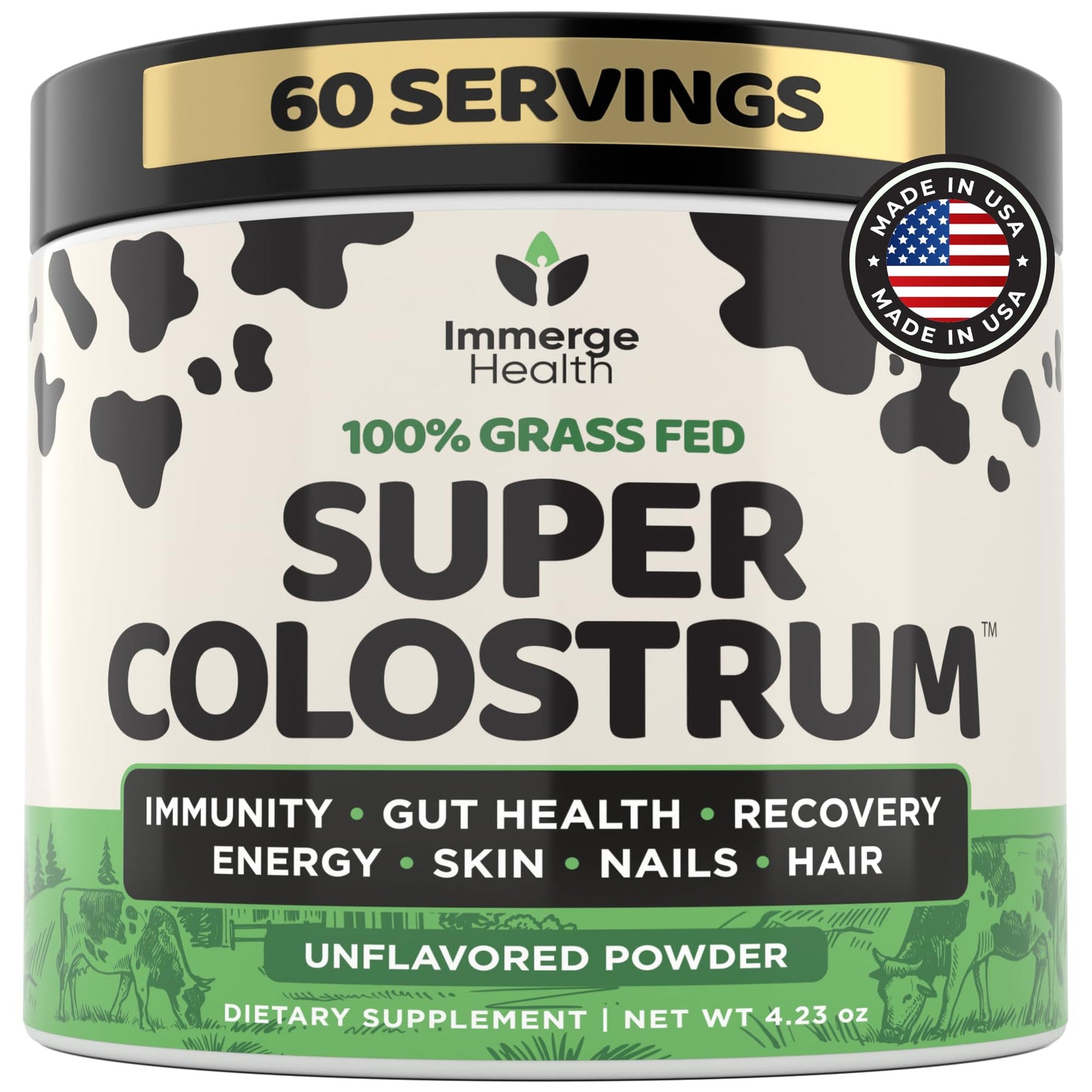 Immerge Health Super Colostrum Powder (60 Servings) – Premium Bovine Colostrum Supplement for Gut Health, Bloating & Immune Support – High IgG, 100% Grass Fed