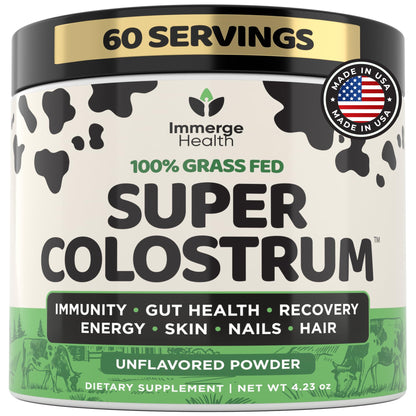 Immerge Health Super Colostrum Powder (60 Servings) – Premium Bovine Colostrum Supplement for Gut Health, Bloating & Immune Support – High IgG, 100% Grass Fed