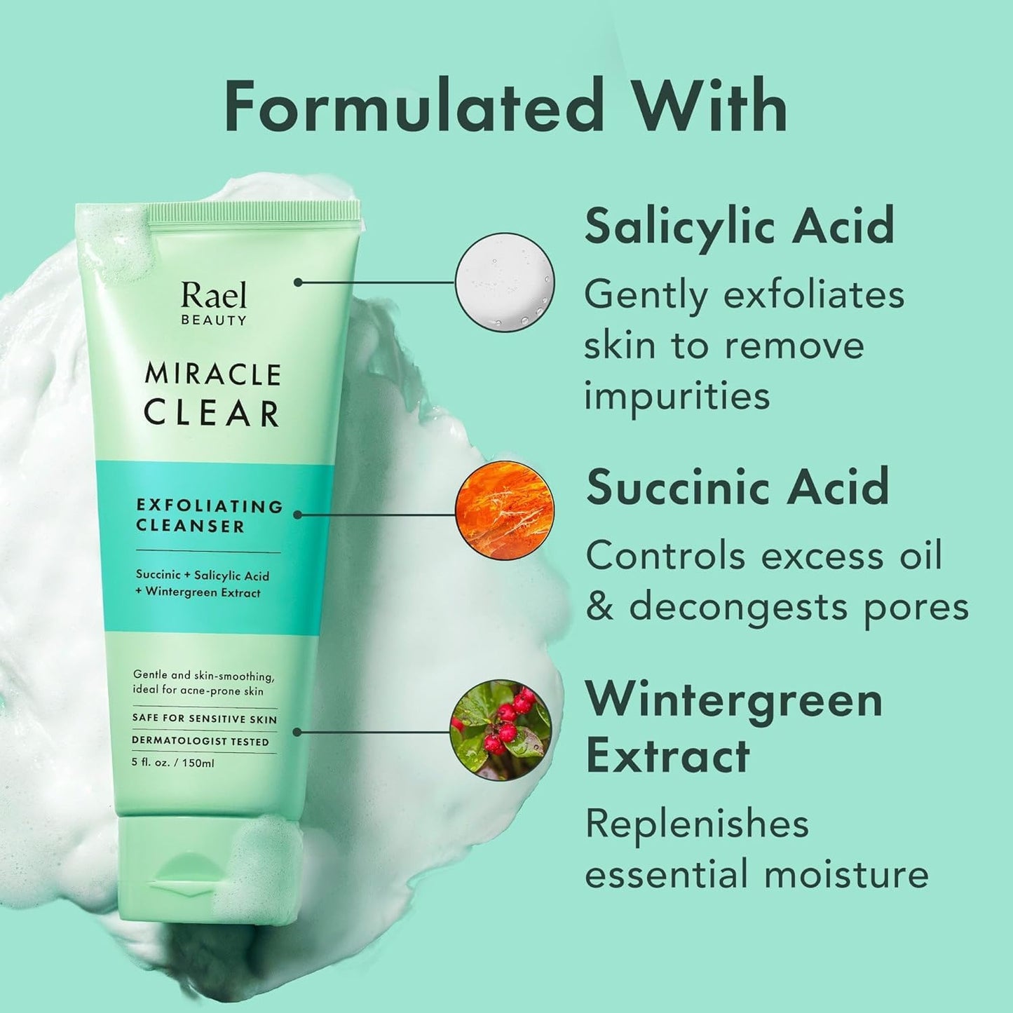 Rael Miracle Clear Facial Cleanser – Makeup Remover, Daily Face Wash, Gentle Deep Pore Cleansing Korean Skin Care for Oily
