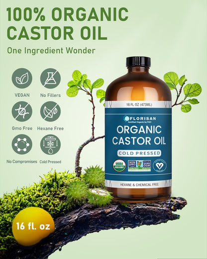 Florisan USDA Certified Organic Castor Oil 16oz Glass Bottle, Cold Pressed, Hexane-Free, Non-GMO, Vegan, 100% Pure Castor Oil for Hair Growth,