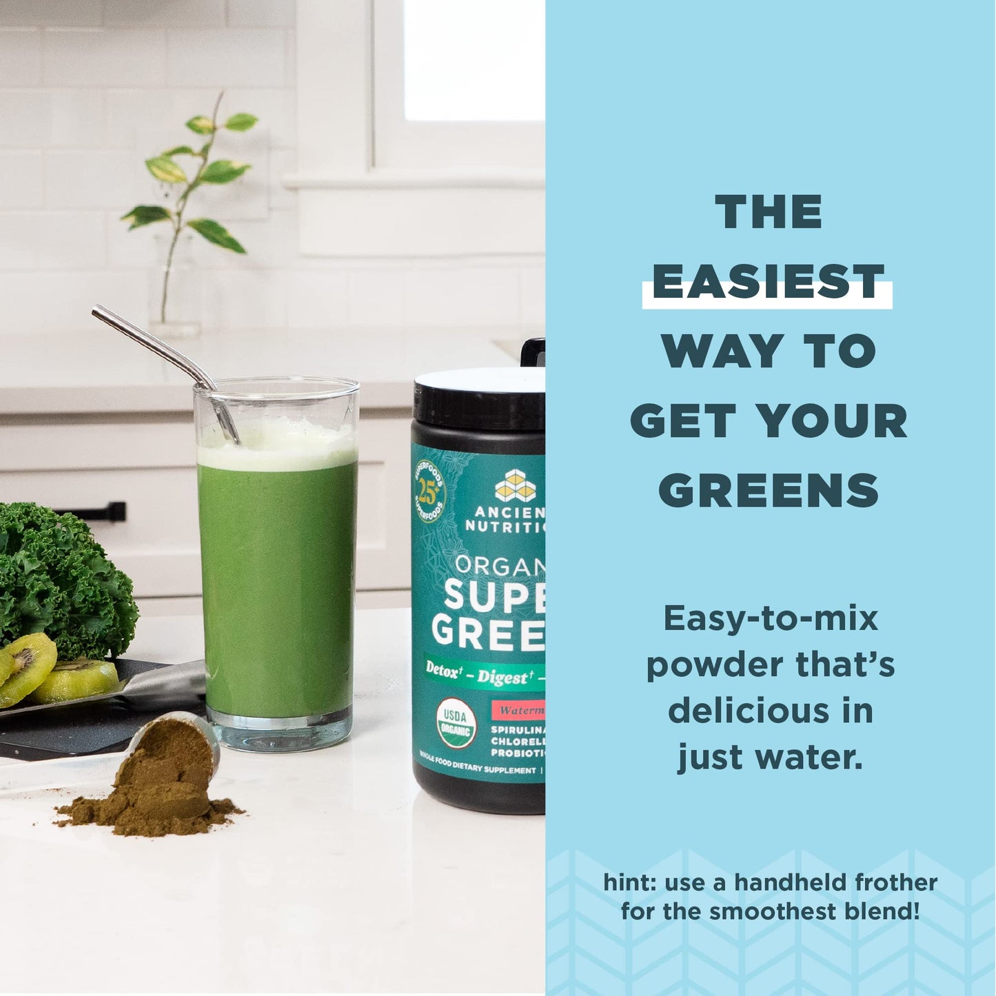 Ancient Nutrition SuperGreens Powder with Probiotics, Organic Watermelon Flavor Greens, Made from Real Fruits, Vegetables and Herbs, for Digestive