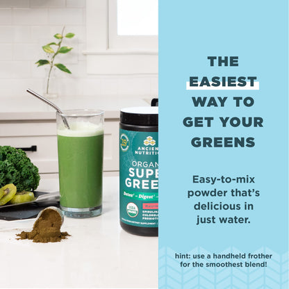 Ancient Nutrition SuperGreens Powder with Probiotics, Organic Watermelon Flavor Greens, Made from Real Fruits, Vegetables and Herbs, for Digestive
