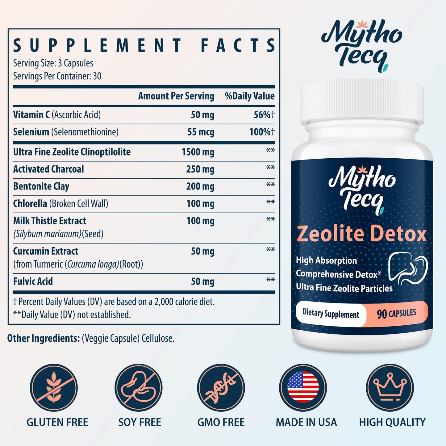 MythoTecq 2300 MG Zeolite Detox Capsules - Activated Charcoal & Bentonite Clay, Highly Absorbable Full Body, Liver & Gut Cleanse
