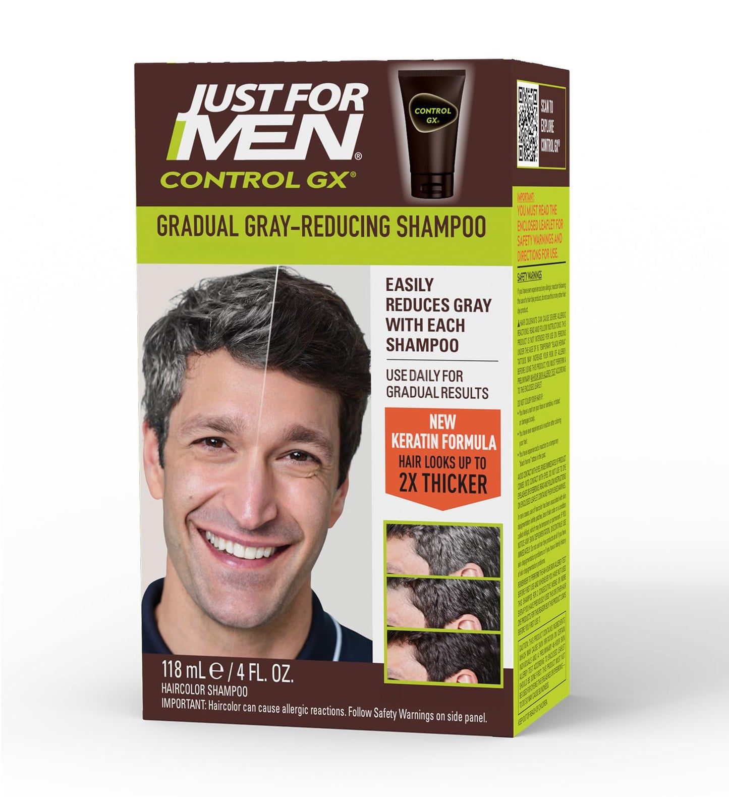 Just for Men Control GX Grey Reducing Shampoo, Gradual Hair Color with Keratin for Stronger Thicker and Healthier Looking Hair, 4 Fl Oz - Pack of 1