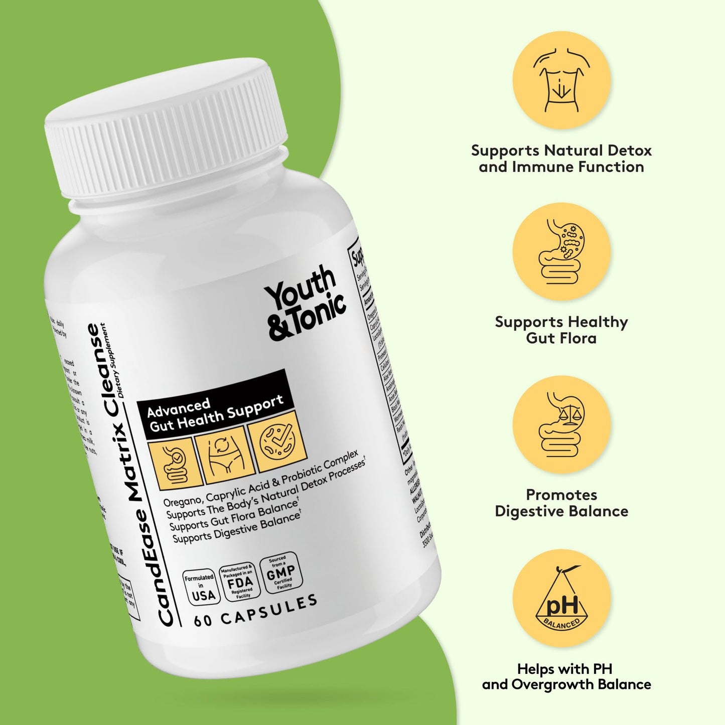 Youth & Tonic CandEase Cleanse Matrix – Overgrowth Support & Gut Health, Intestinal Flora Balance & Body Detox Complex with Oregano, Caprylic Acid