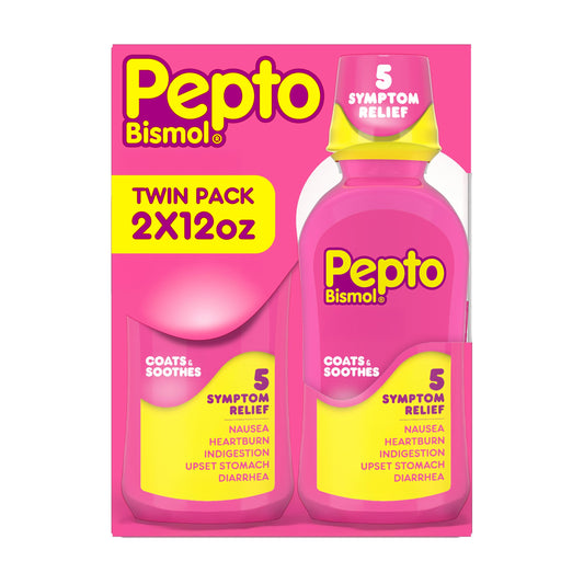 Pepto Bismol Liquid, Upset Stomach Relief, Nausea Relief, Heartburn Relief, Indigestion Relief, Anti Diarrhea Medication for Adults - 5 Symptom Fast Relief, 2x12 oz (Packaging May Vary) Pepto Bismol buy supplements Au