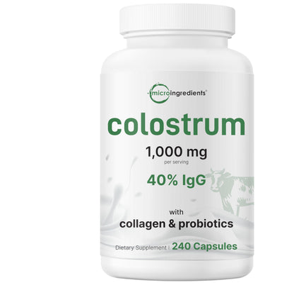 Micro Ingredients Bovine Colostrum 1,000 mg Per Serving, 240 Capsules | 40% IgG with Collagen & Probiotics | Colostrum Supplement