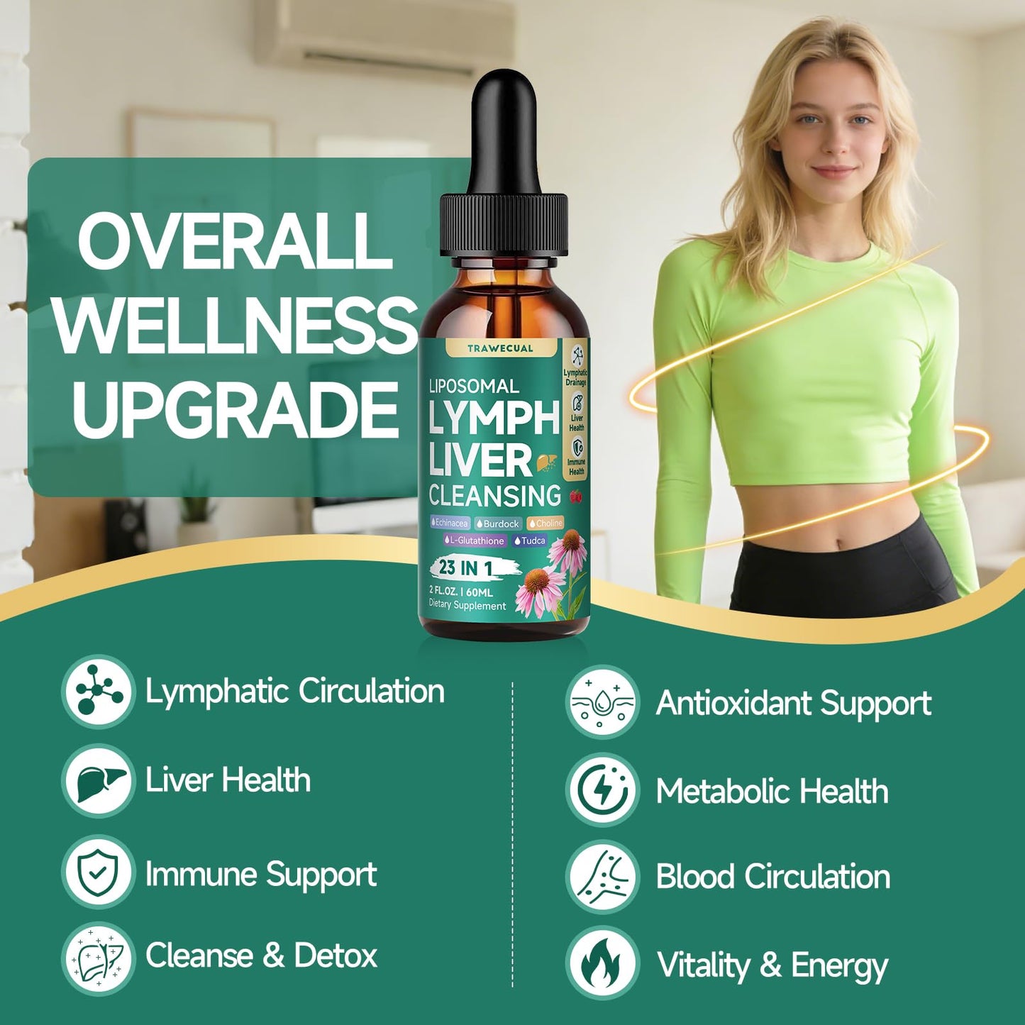 23-in-1 Liposomal Lymphatic Drainage Drops, Liver Cleanse Detox & Repair with Echinacea, TUDCA, Choline, L-Glutathione, Burdock for Lymphatic Support, Liver & Immune Health, 2 fl oz Supplement Trawecual buy supplements Au