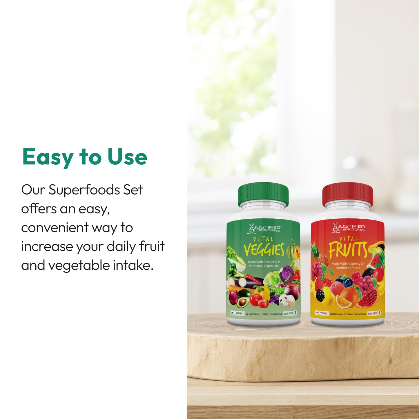 Justified Laboratories Superfoods Set - Includes Vital Fruits (90 Capsules) + Vital Veggies (90 Capsules) - Non-GMO, Vegan - 30 Servings per Bottle