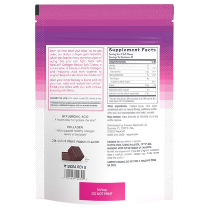 NeoCell Collagen Peptides Soft Chews | 60 Chewables | Beauty Bursts Supplement | with Hyaluronic Acid | Hair, Skin, & Nails | Fruit Punch Flavor