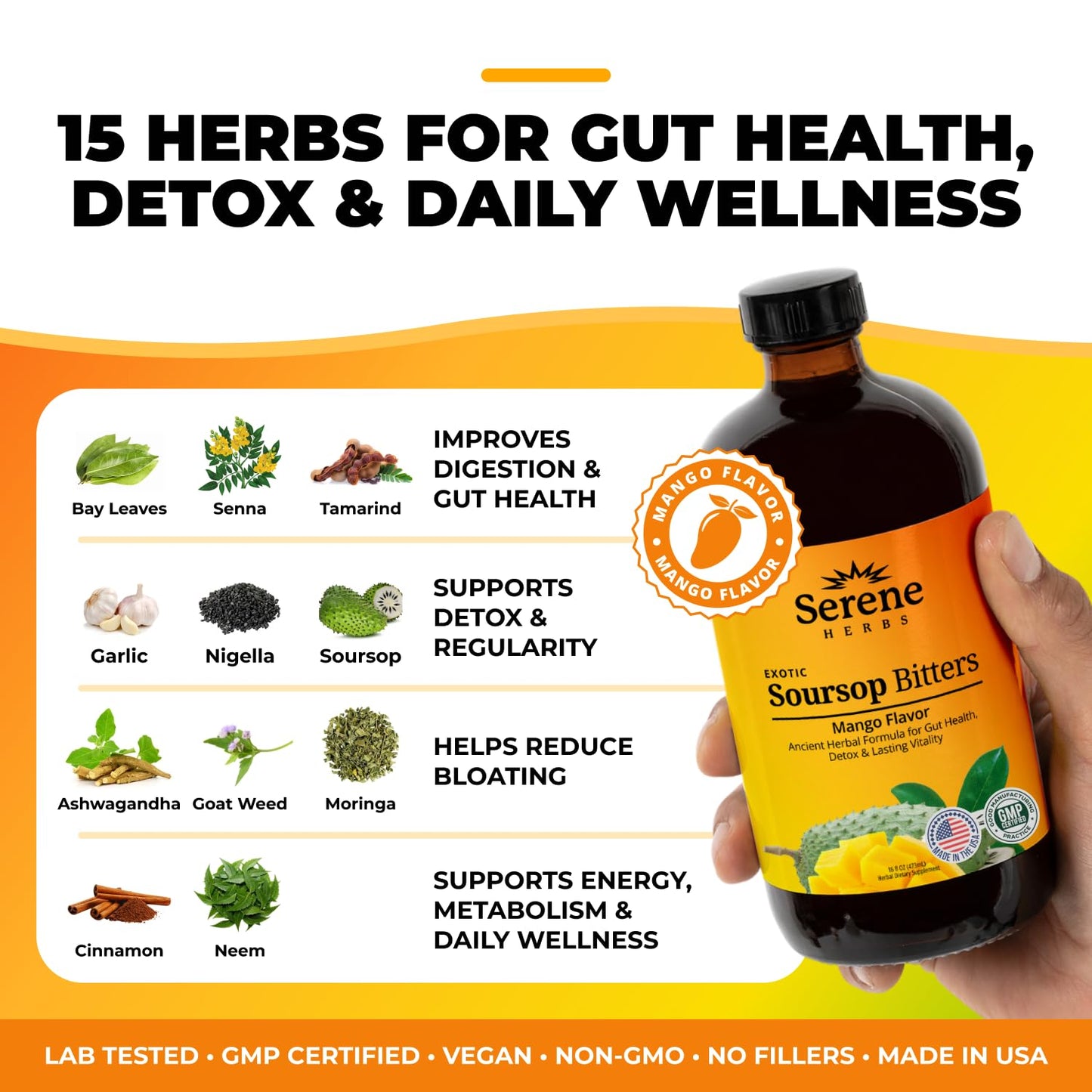 Serene Herbs Soursop Bitters Liquid with Soursop Leaves for Gut Cleanse, Detox & Immune Boost with Black Seed, Moringa, Irish Moss