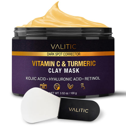 VALITIC Vitamin C & Turmeric Clay Mask - Dark Spot Corrector with Kojic Acid, Hyaluronic Acid & Retinol - Skin Care Routine for Minimizing Pores