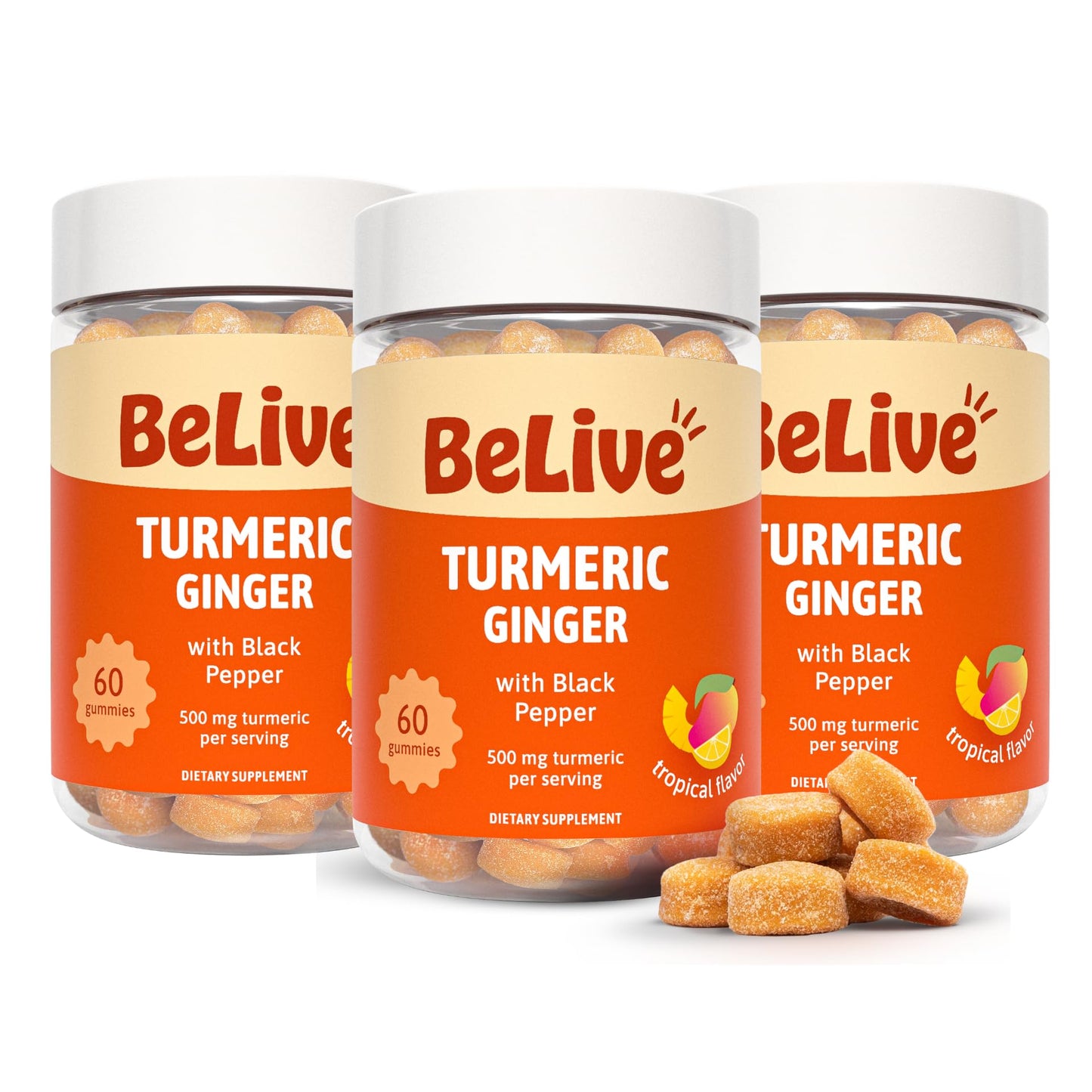 BeLive Turmeric and Ginger Gummies - 500mg - Joint and Mobility Support Supplement - Curcumin with Black Pepper for Enhanced Absorption