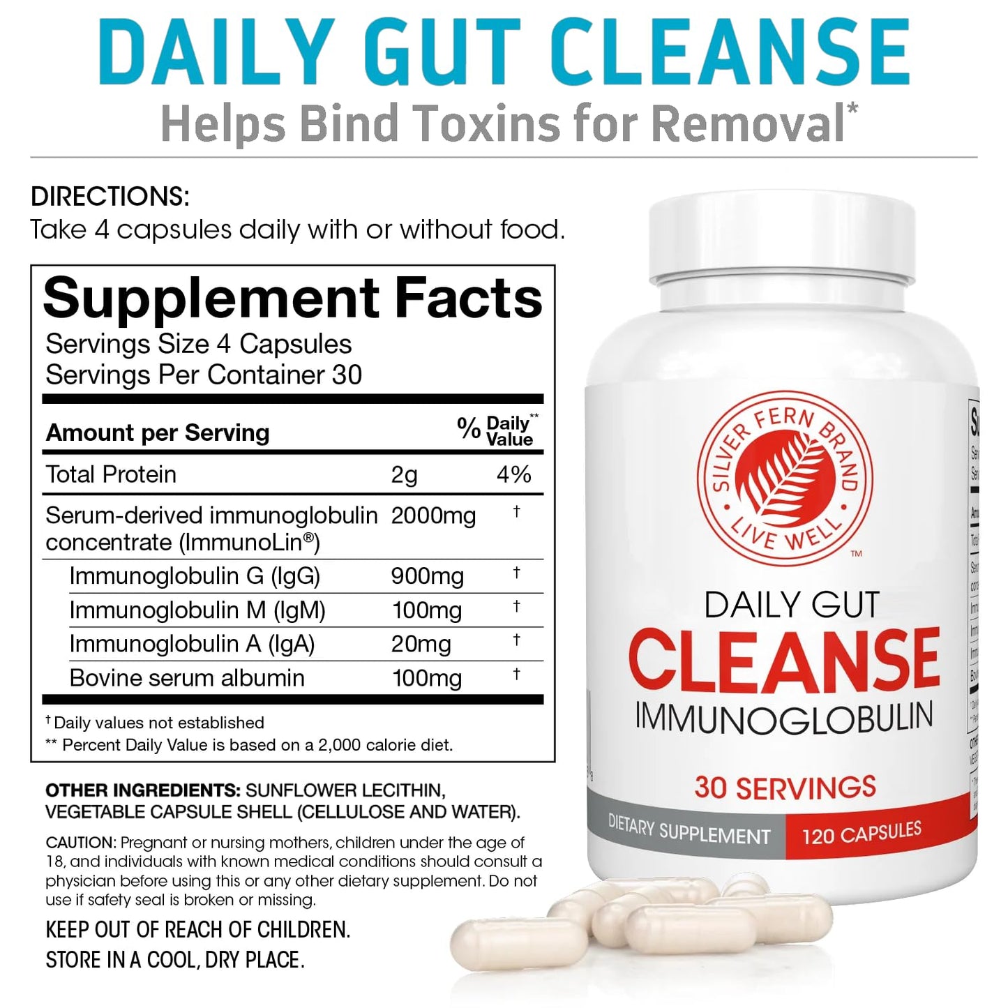 Silver Fern Cleanse - Daily Gut - 1 Bottle - 120 Capsules - 30 Day Supply - Immunoglobulin G, A & M -(IgG, IGA, IgM) - Postbiotic