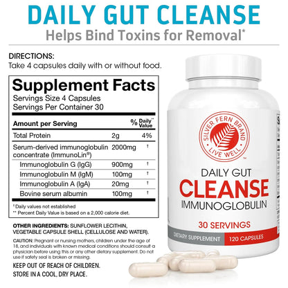 Silver Fern Cleanse - Daily Gut - 1 Bottle - 120 Capsules - 30 Day Supply - Immunoglobulin G, A & M -(IgG, IGA, IgM) - Postbiotic