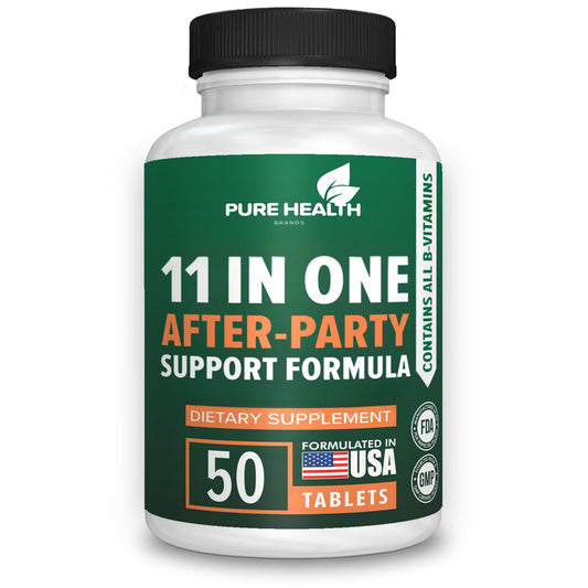 Supplement bottle labeled '11 in One After-Party Support Formula' by Pure Health on a white background