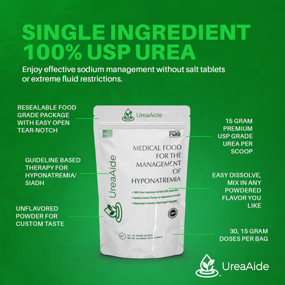 UreaAide Unflavored Urea Powder for Low Sodium 30 Servings Oral Urea Powder for Hyponatremia-Single Ingredient 100% Medical Grade Urea with 15 gram Dose Scoop