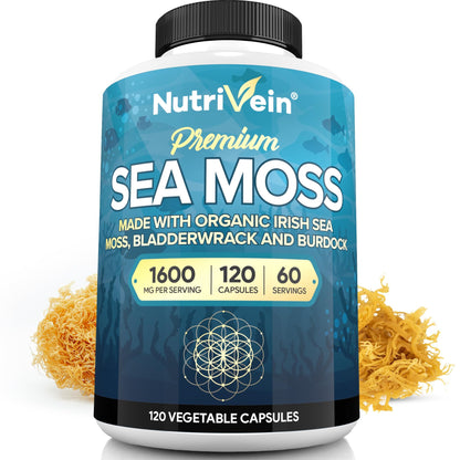 Nutrivein Organic Sea Moss 1600mg Plus Bladderwrack & Burdock - 120 Caps for Adults - Prebiotic Super-Food - Immune System & Digestive Health