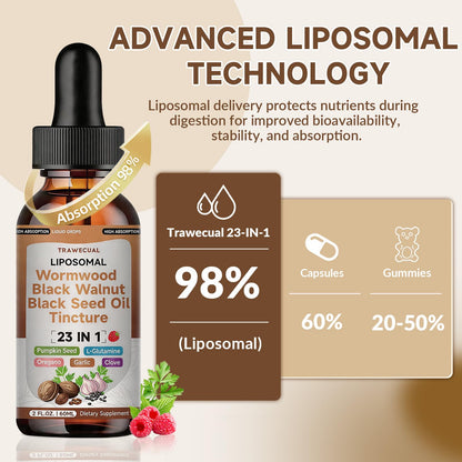 Trawecual Black Walnut Wormwood Black Seed Oil Cleanse Tincture, 23-in-1 Gentle Gut Detox & Digestive Health Support with Clove, Pumpkin Seed