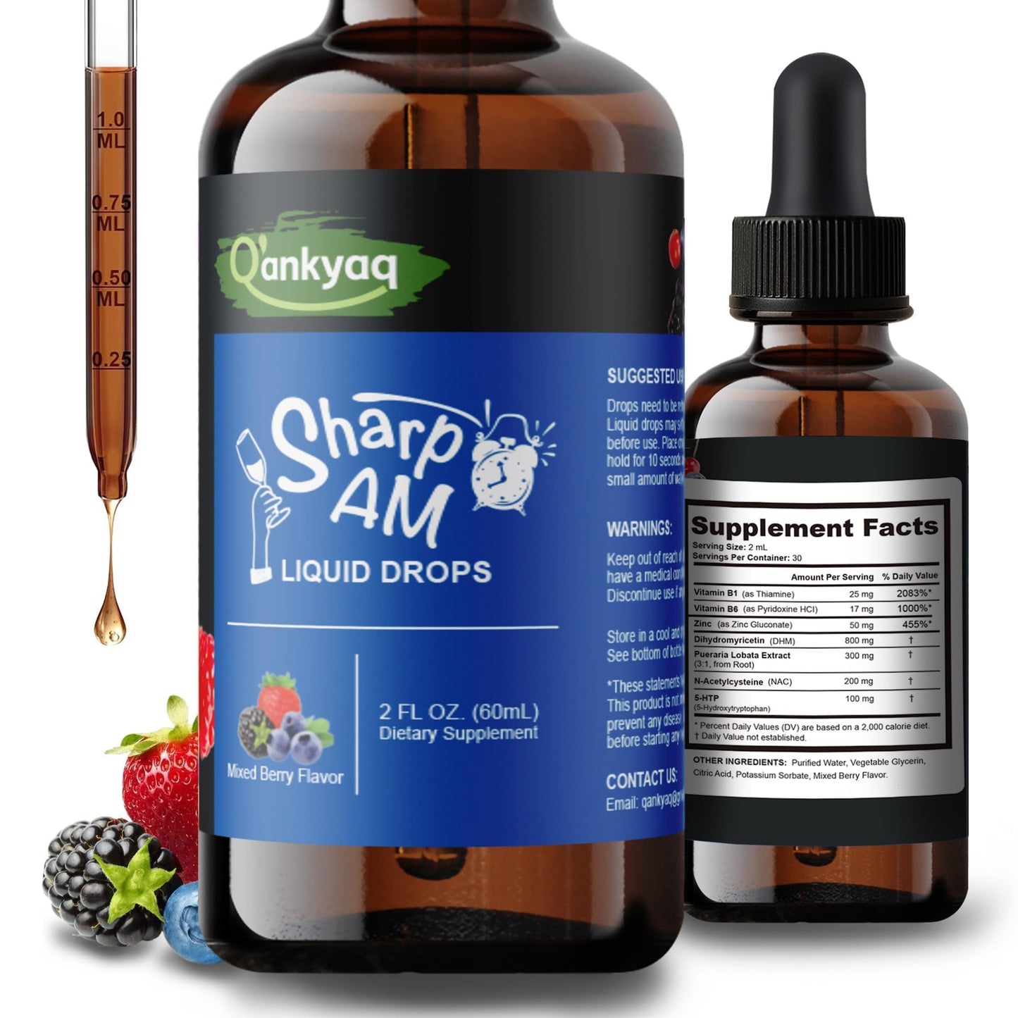 Q'ankyaq DHM Hangover Recovery Liquid Drops with Kudzu Root, NAC, 5-HTP, B Vitamins, and Zinc - Sugar Free and Vegan - 2 fl oz