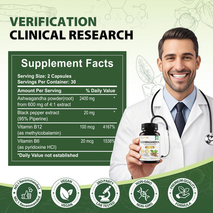 Royavita Ashwagandha Supplements 2400mg Organic with Black Pepper Vitamin B12 & B6 for Max Absorption Stress Relief Athletic
