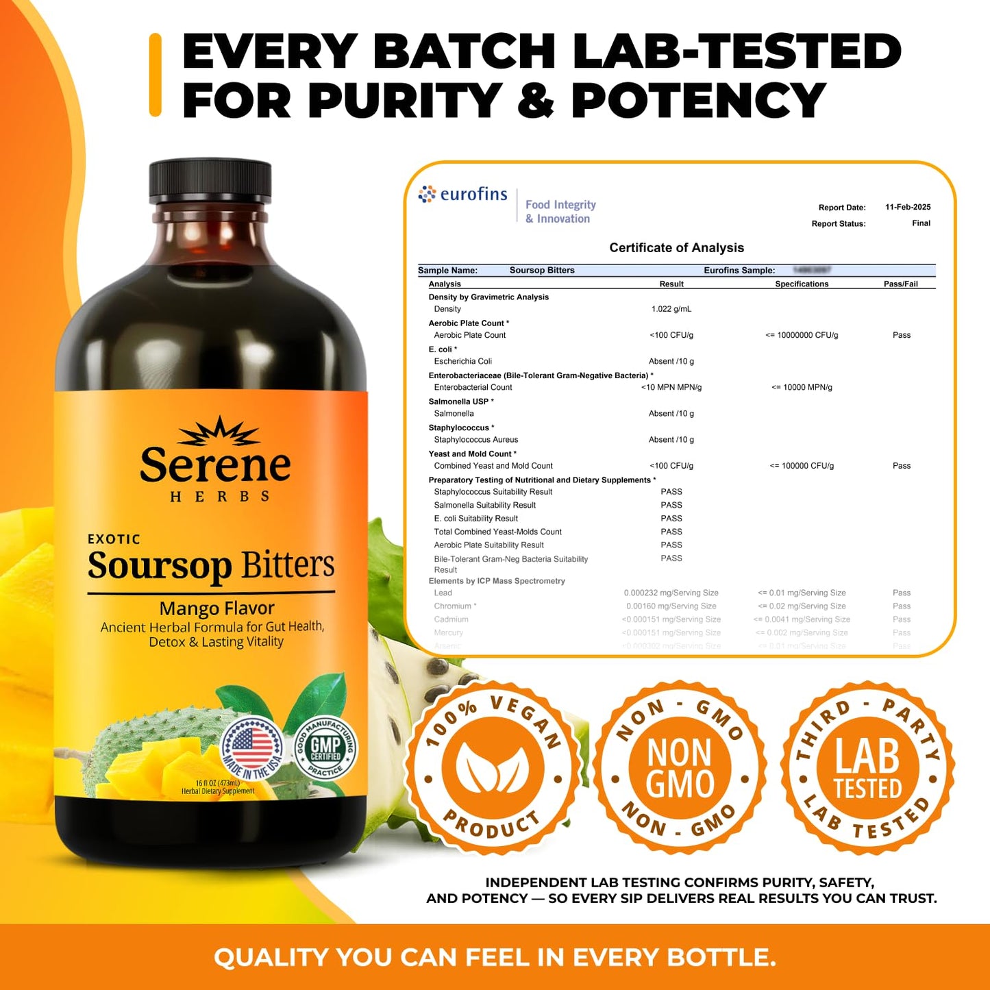 Serene Herbs Soursop Bitters Liquid with Soursop Leaves for Gut Cleanse, Detox & Immune Boost with Black Seed, Moringa, Irish Moss