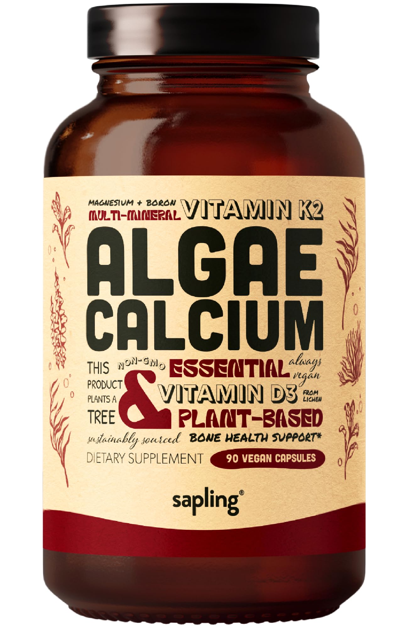 sapling Calcium Supplement - Whole Food with Vitamin K2 & D3, Magnesium, Zinc, Boron, Mineral Complex. Sourced Sustainably from Red Algae. for Bone Strength